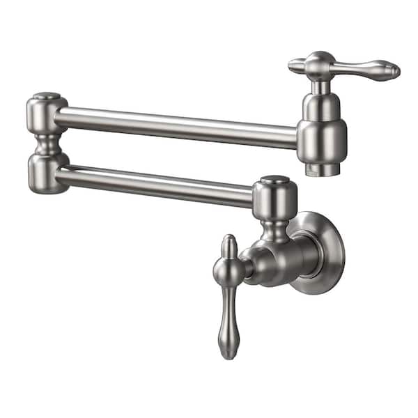 Wall Mounted Pot Filler with Double Joint Swing Arms 1-Hole 2-Handle Brass Folding Kitchen Sink Faucet in Brushed Nickel
