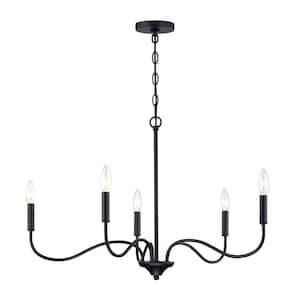 5-Light Matte Black Candle Minimalist Living Area Hanging Chandelier with Bare Bulbs