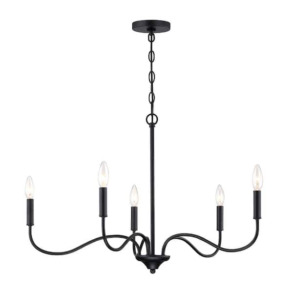 Cordelia Lighting 5-Light Matte Black Candle Minimalist Living Area Hanging Chandelier with Bare Bulbs
