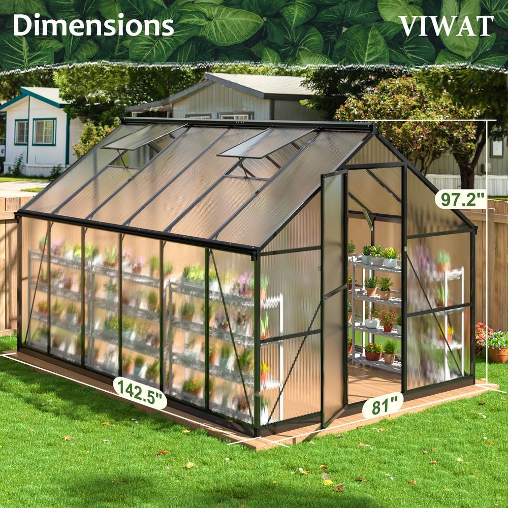 Black Aluminum Polycarbonate Walk-In Greenhouse 8x12 FT