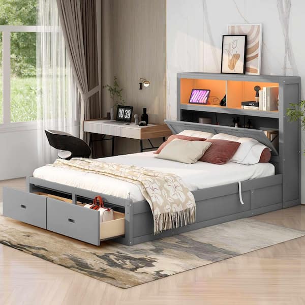Gray Wood Frame Queen Size Platform Bed with Storage LED Headboard,Charging Station and 2 Drawers
