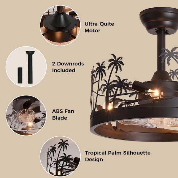17.7 in. 4-Light Black Tropical Palm Tree Cage Downrod Mount Ceiling Fan with Light, Beach Theme Fandelier with Remote