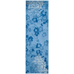 Adirondack Light Blue/Dark Blue 3 ft. x 12 ft. Floral Runner Rug