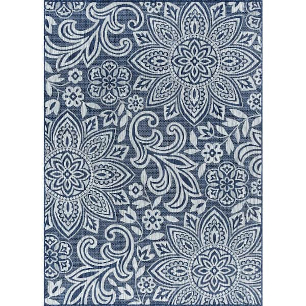 Tayse Rugs Veranda Floral Navy 5 ft. x 8 ft. Indoor/Outdoor Area Rug