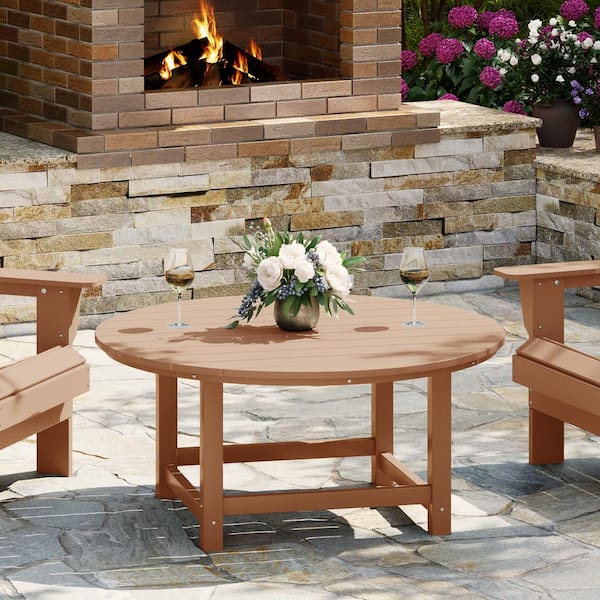 Laguna Outdoor Patio All Weather Fade Proof 38 in. Round HDPE Plastic Conversation Coffee Table in Teak
