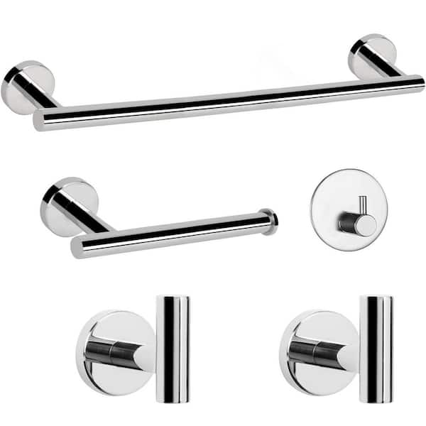 5-Piece Stainless Steel Bathroom Hardware Set with 16 in. Towel Bar, Toilet Paper Holder and Hooks in Chrome for Bath