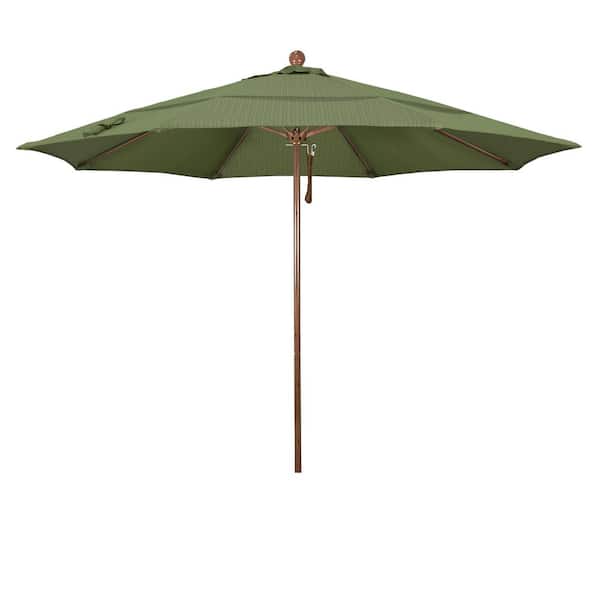 California Umbrella 11 ft. Woodgrain Aluminum Commercial Market Patio Umbrella Fiberglass Ribs and Pulley Lift in Terrace Fern Olefin
