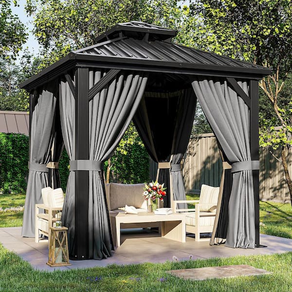 8 ft. x 8 ft. Outdoor Galvanized Steel Double Roof Hardtop Gazebo with Aluminum Frame, Netting and Curtain for Patio