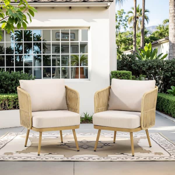 Buenaola Nyajiah Yellow Patio Wicker Outdoor Lounge Chair with Thick Beige Cushions (2-Pack)