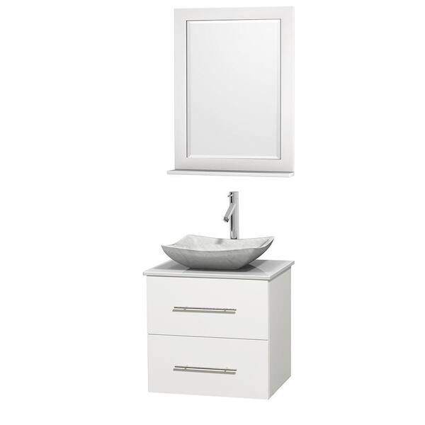 Wyndham Collection Centra 24 in. Vanity in White with Solid-Surface Vanity Top in White, Carrara Marble Sink and 24 in. Mirror