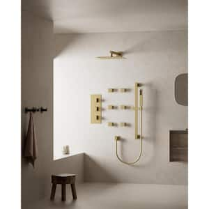 Thermostatic Valve 5-Spray 12 in. Square Shower Head High Pressure Shower System with Hand Shower in Brushed Gold