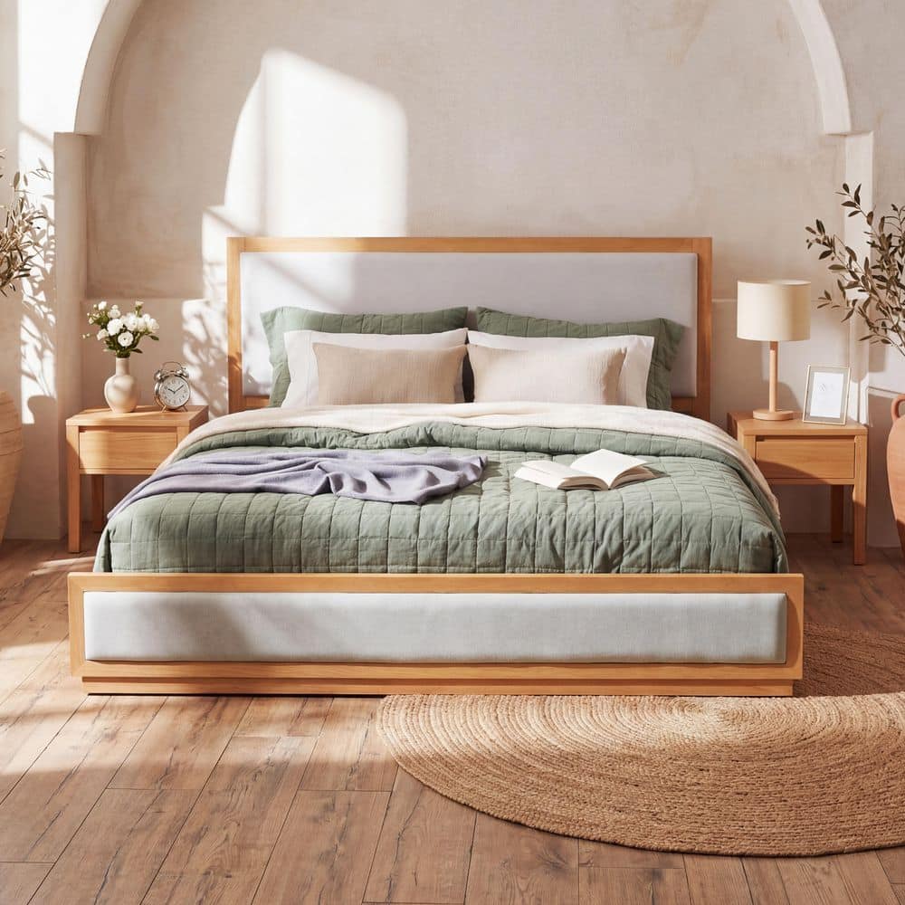 Light Gray Wood Frame King Size Upholstered Platform Bed with Upholstered Headboard and Foot-board