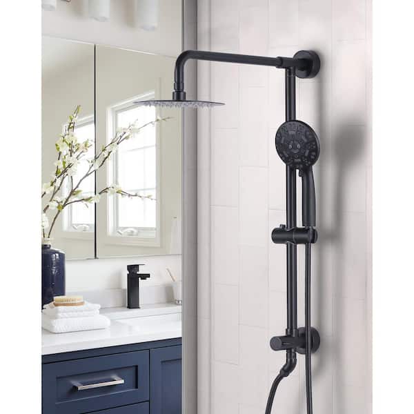 7-Spray Multifunction 1.8 GPM Round Wall Bar Shower Kit with Swivel Shower Head and Hand Shower in Matte Black