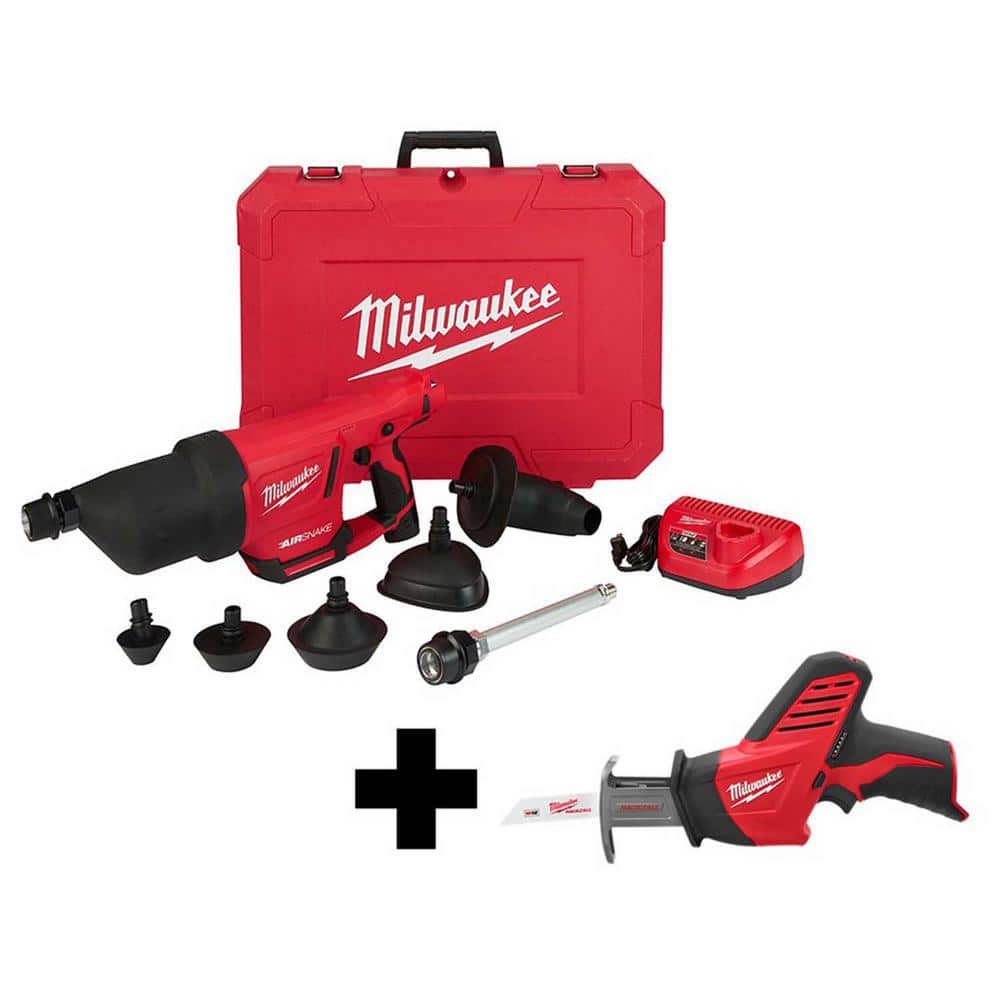 Milwaukee M12 12V Lithium-Ion Cordless Drain Cleaning Airsnake Air Gun Kit with M12 HACKZALL Reciprocating Saw -  2572B-21-24