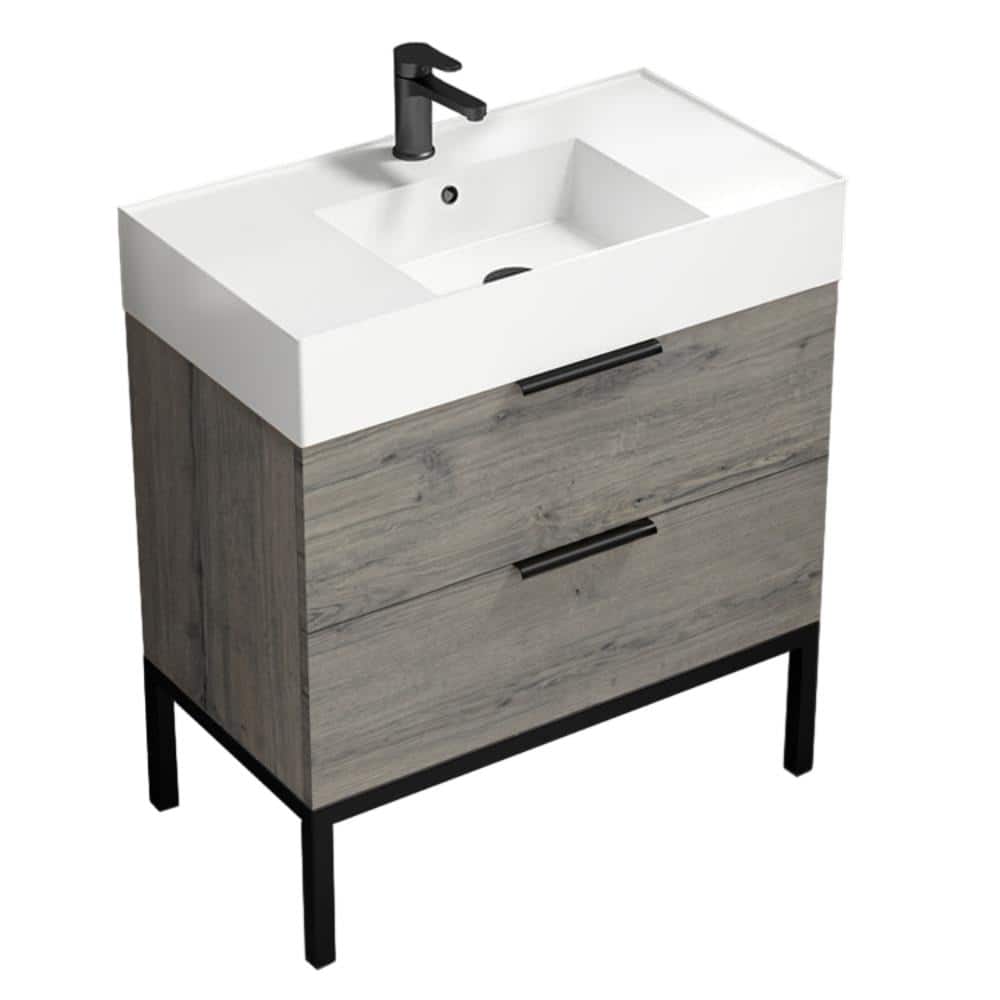Derin 31.89 in. W x 17.32 in. D x 34.65 in. H Modern Bathroom Vanity in Grey Oak With White Ceramic Top price history on PriceWatchPro