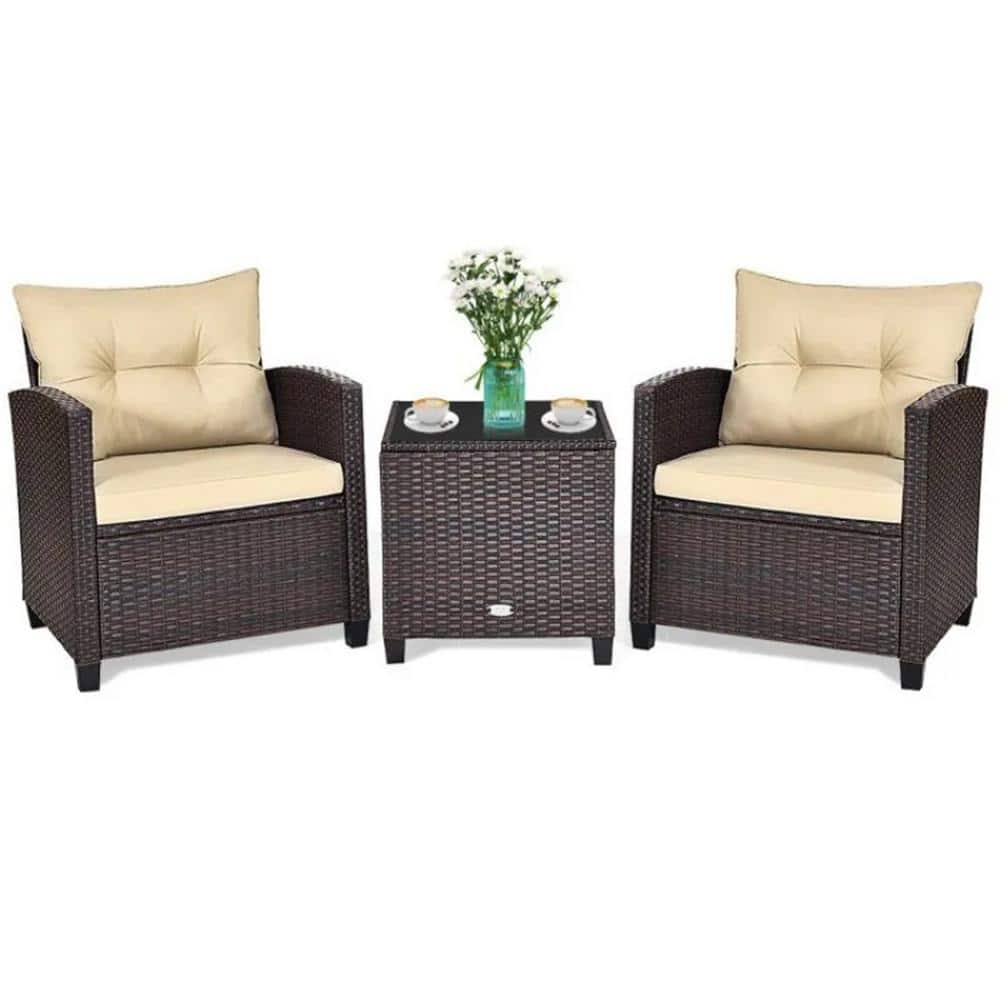 Brown 3-Piece Wicker Outdoor Lounge Chair without Sunshade with White Cushi