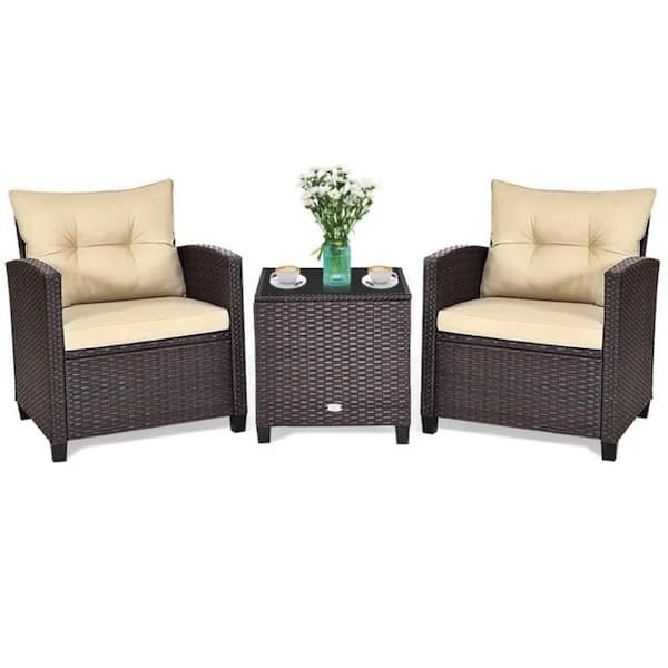 Brown 3-Piece Wicker Outdoor Lounge Chair without Sunshade with White Cushion