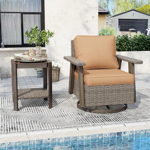 Esunny Beige Wicker Frame Outdoor Rocking Chair Patio Swivel Chair Lounge Chair with Tan Cushions and 1 Side Table