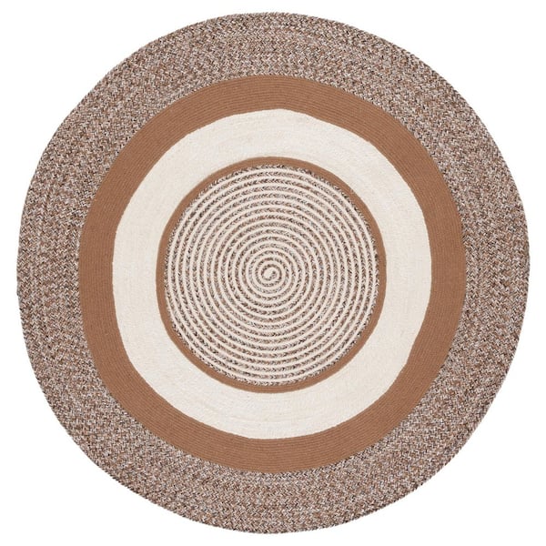 Braided 6 ft. x 6 ft. Round Brown/Beige Farmhouse Braided Rings Area Rug