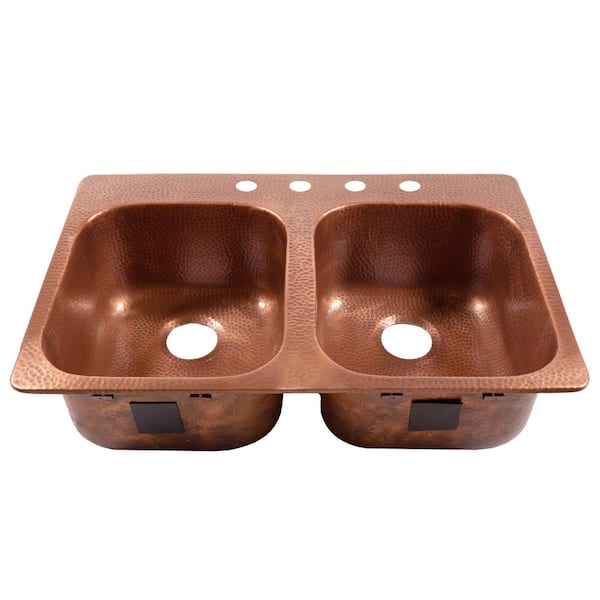 Santi 33 in. 4-Hole Right Drop-In Double Bowl 16 Gauge Antique Copper Kitchen Sink