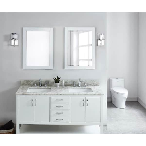 61 in. W x 22 in. D x .75 H Granite Double Basin Vanity Top in Glacier White with White Basins 61 in. W x 22 in. D x .75 H Granite Double Basin Vanity Top in Glacier White with White Basins