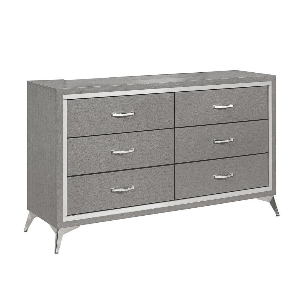 Gray and Chrome 6 drawer 58.35 in. Wide Dresser with Mirror