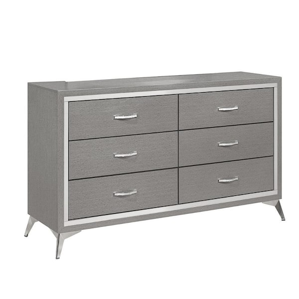 Benjara Gray and Chrome 6 drawer 58.35 in. Wide Dresser with Mirror