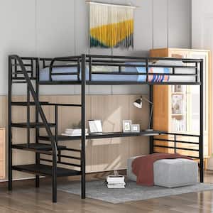 Black Metal Twin Size Loft Bed with Desk and Storage Shelves, Stairway Twin Kids Loft Bed With Metal Frame