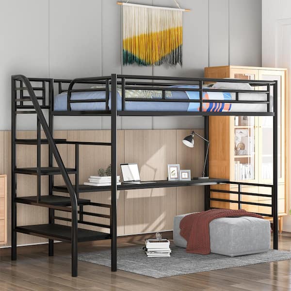 Black Metal Twin Size Loft Bed with Desk and Storage Shelves, Stairway Twin Kids Loft Bed With Metal Frame