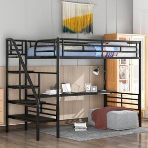 Urtr Black Metal Loft Bed With Desk Twin Loft Beds Frame With Storage Shelves Stairway And Safety Rails For Kids Bedroom T B The Home Depot