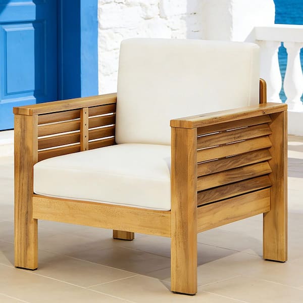 Acacia Wood Outdoor Lounge Chair with Beige Cushions