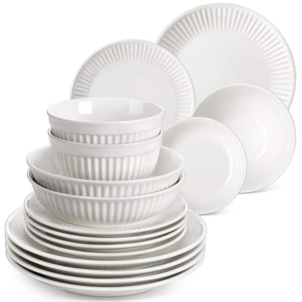 16-Piece White Porcelain Dinnerware Set (Service for 4) Embossed Dining Set with Dinner Plates Dessert Plates and Bowls