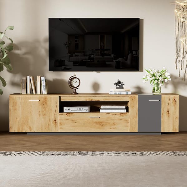 Harper & Bright Designs Natural and Gray Modern TV Stand Fits TVs up to 80 in. Entertainment Center with 2 Cabinets, Drawer