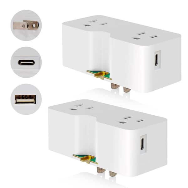 ELEGRP 2 Prong to 3 Prong Outlet Extender, with Type A and Type C USB Wall Charger, Plug Adapter (White, 2-Pack)