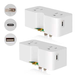 2 Prong to 3 Prong Outlet Extender, with Type A and Type C USB Wall Charger, Plug Adapter (White, 2-Pack)