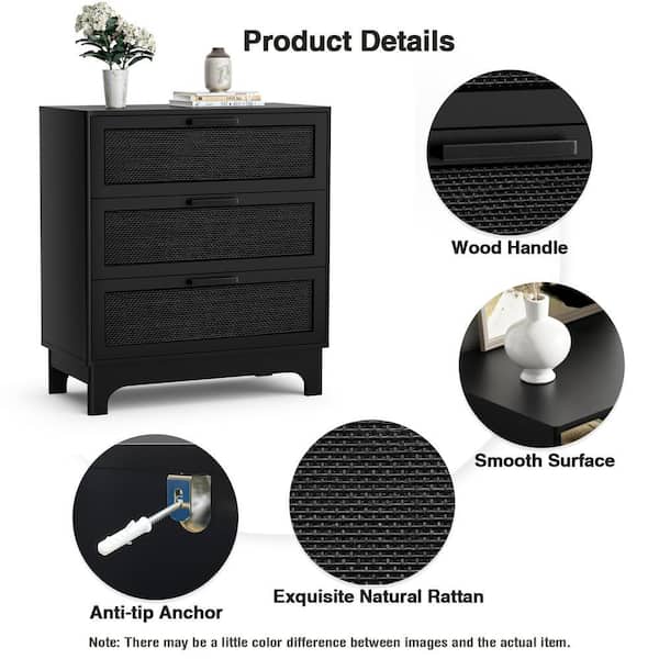 Aupodin Black Rattan 3-Drawer 31.5 in. Wide Chest of Drawers with Wood Handle for Bedroom Living Room Aupodin Black Rattan 3-Drawer 31.5 in. Wide Chest of Drawers with Wood Handle for Bedroom Living Room