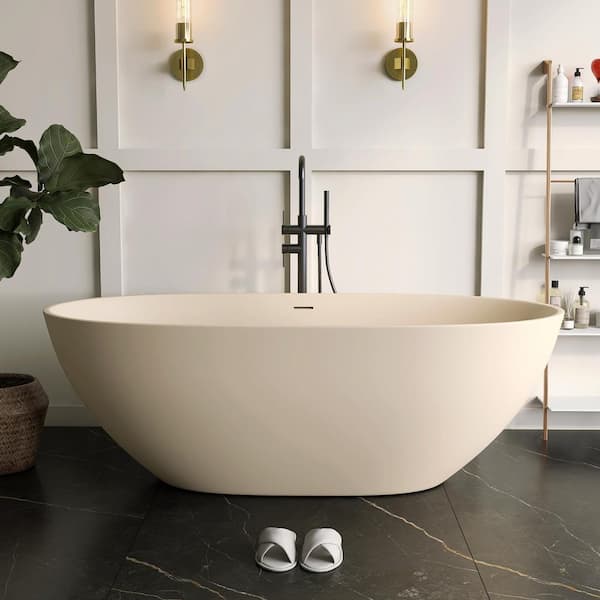 MEDUNJESS Eaton 65 in. x 29.5 in. Stone Resin Solid Surface Flatbottom Freestanding Soaking Bathtub in Cream