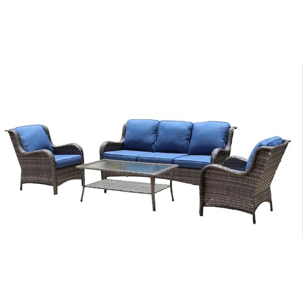 Unbranded 4-Piece Woven Wicker Patio Conversation Set with Blue Cushions