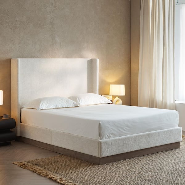 Duncan Oat (Beige) Boucle Fabric Upholstered Metal Frame Queen Platform Bed with High Wingback Headboard
