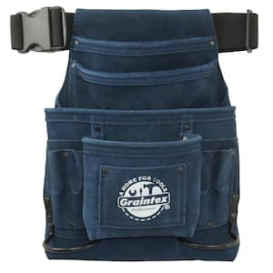 10-Pocket Nail and Tool Pouch in Navy Blue Suede Leather w/Belt and 2 Hammer Holders