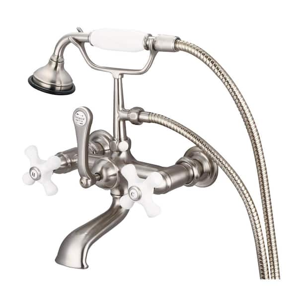Water Creation 3-Handle Vintage Claw Foot Tub Faucet with Hand Shower and Porcelain Cross Handles in Brushed Nickel