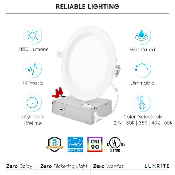 6 in. 14W CCT 3000K, 4000K, 5000K Canless Ultra Thin J-Box Remodel Integrated LED Recessed Light Kit Baffle