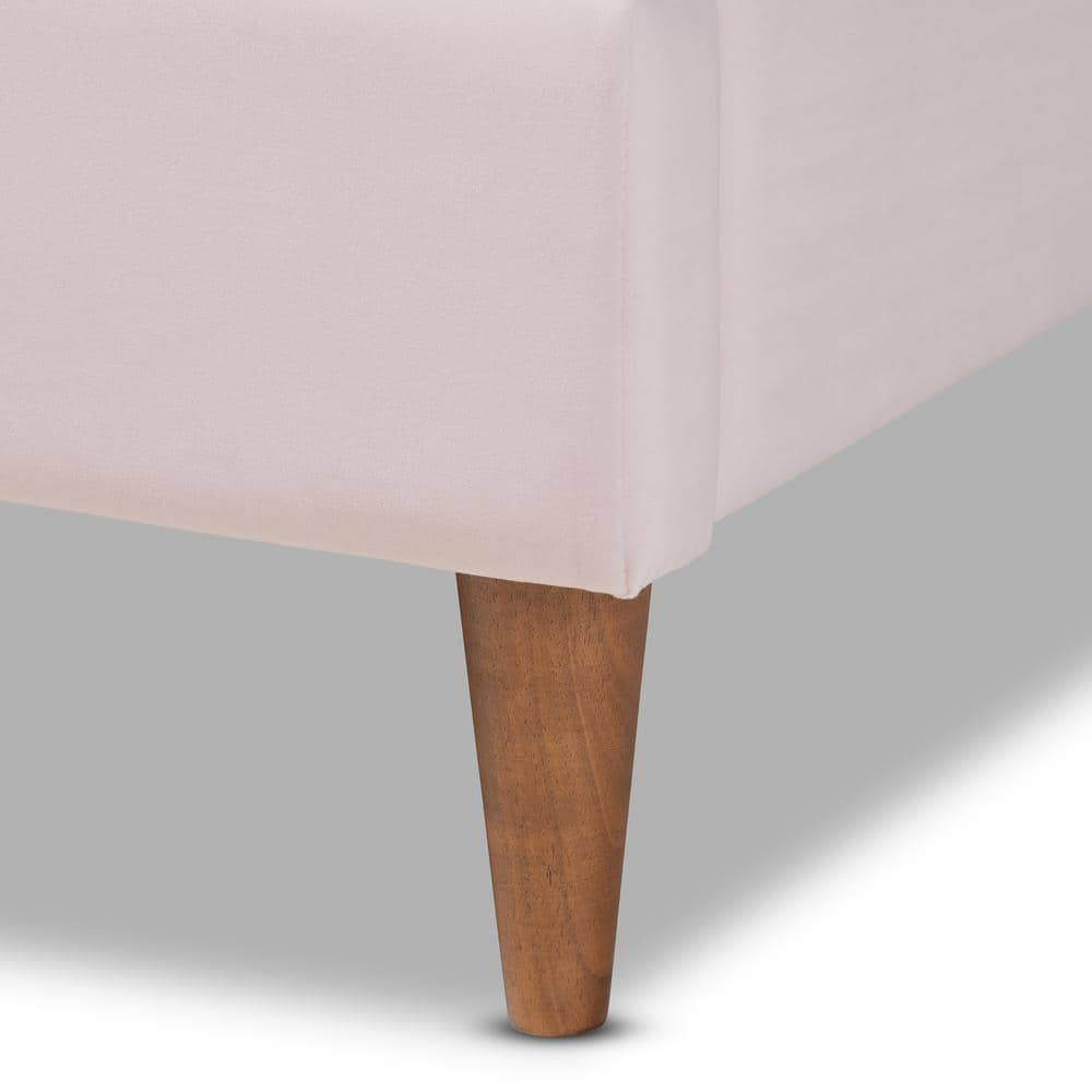 Queen Light Pink Velvet Tufted Platform Bed with Walnut Legs