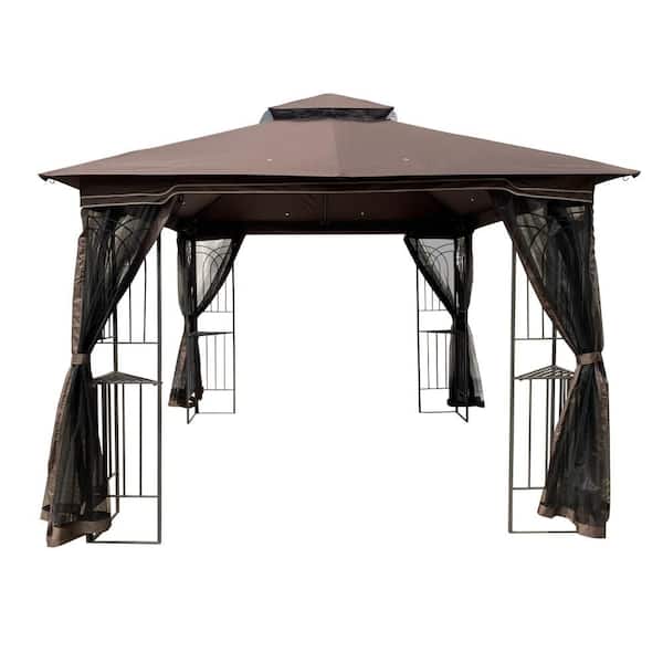 10 ft. x 10 ft. Brown Gazebo with Double Roof Mosquito Net for Outdoor Camping Shelters