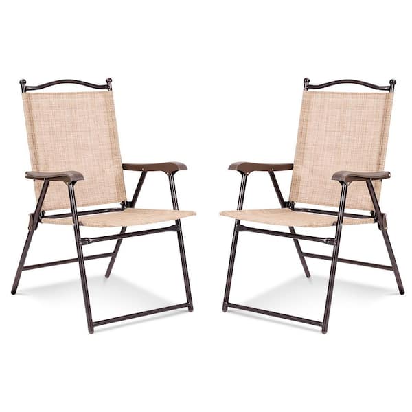 Unbranded Metal Patio Folding Dining Chair Sling Back Deck Chairs Set of 2-in Beige