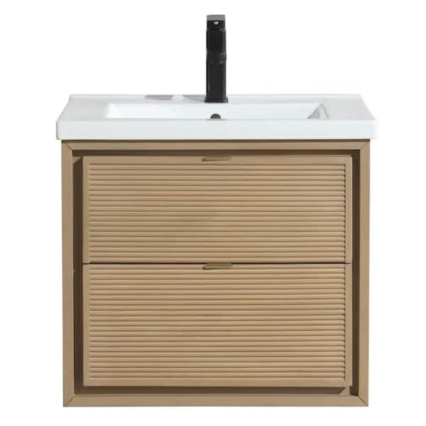 Hermosa 24 in. W x 18.75 in. D x 22 in. H Single Bath Vanity in Oak with Ceramic Top in White with Integrated Basin