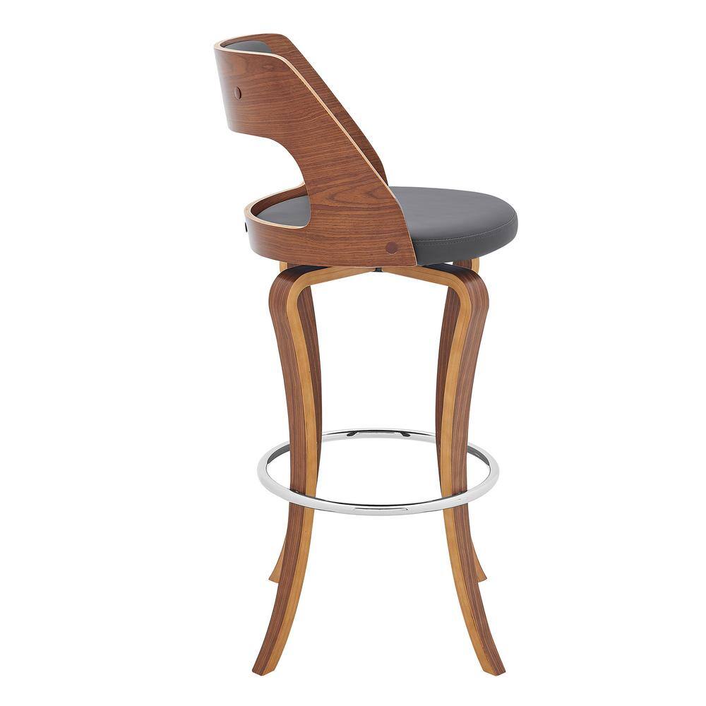 Grady 30" Gray Faux Leather & Walnut Wood Contemporary Swivel Bar Stool