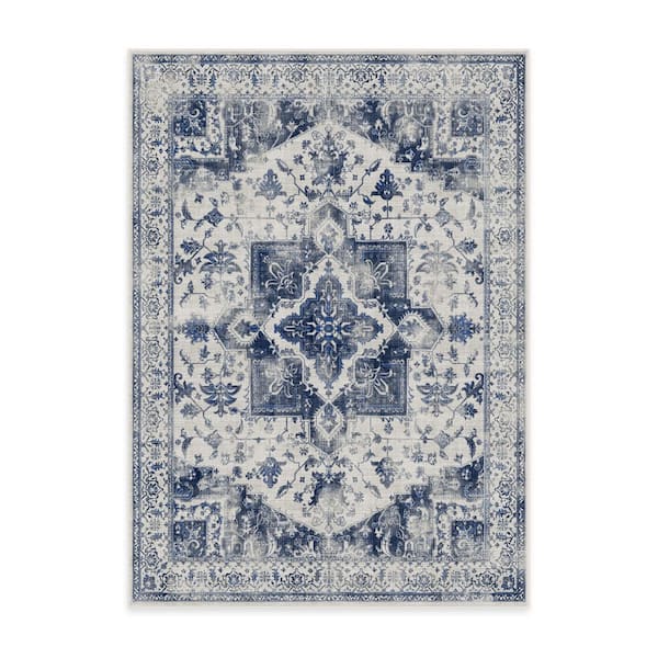 Machine Washable Rug with Standard Pad - Kira Delft Blue 5 ft. x 7 ft.