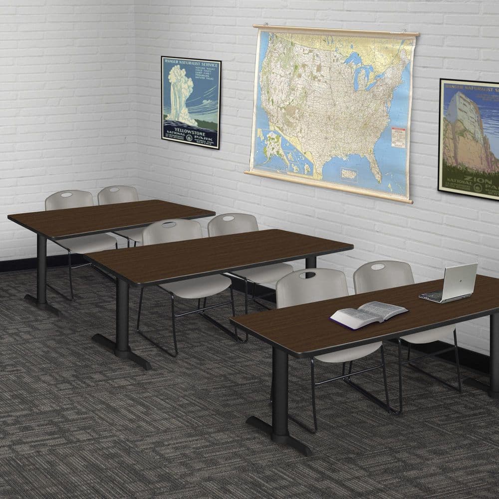 Cain 72 in x 24 in. Neo Walnut T-Base Training Seminar Table Desk and 2 Zeng Stack Chairs-Grey
