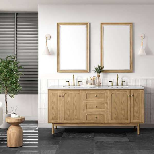 James Martin Vanities Laurent 72.0 in. W x 23.5 in. D x 34.2 in . H Bathroom Vanity in Light Oak with Arctic Fall Solid Surface Top